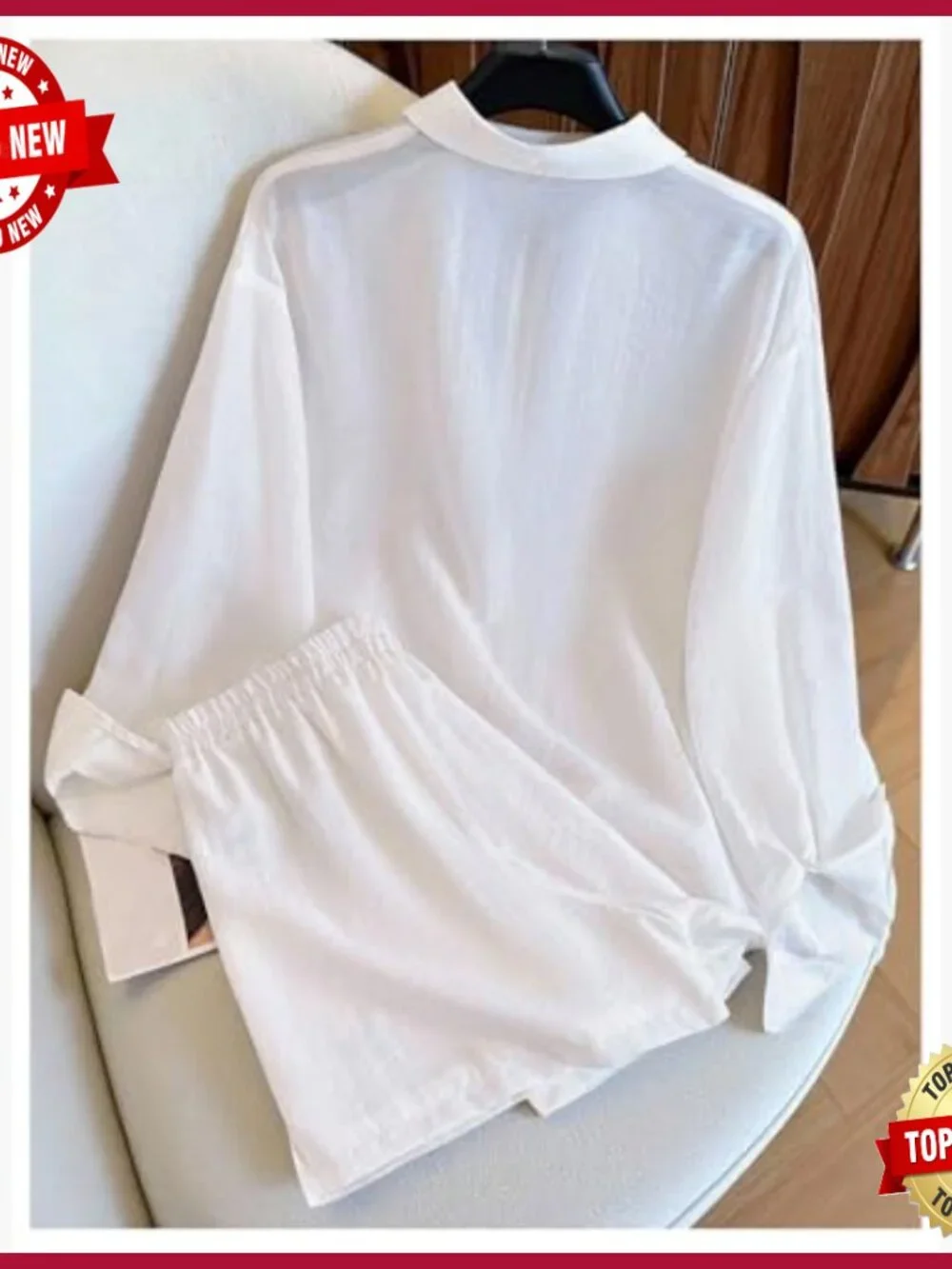 Long Sleeve Button Down Shirt and Mini Shorts Pajama Set, Linen-Like - Picture 2 of 5